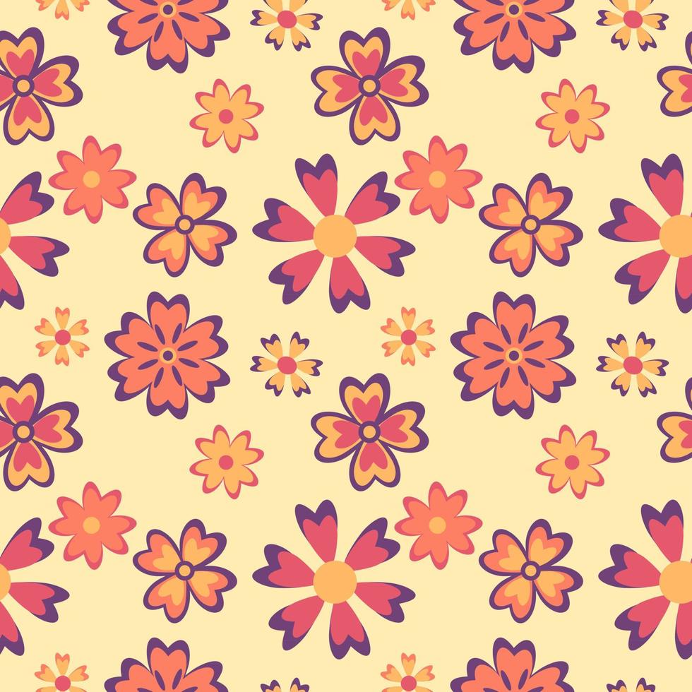 patrón impecable con flores abstractas en una cálida paleta naranja púrpura sobre fondo beige. vector