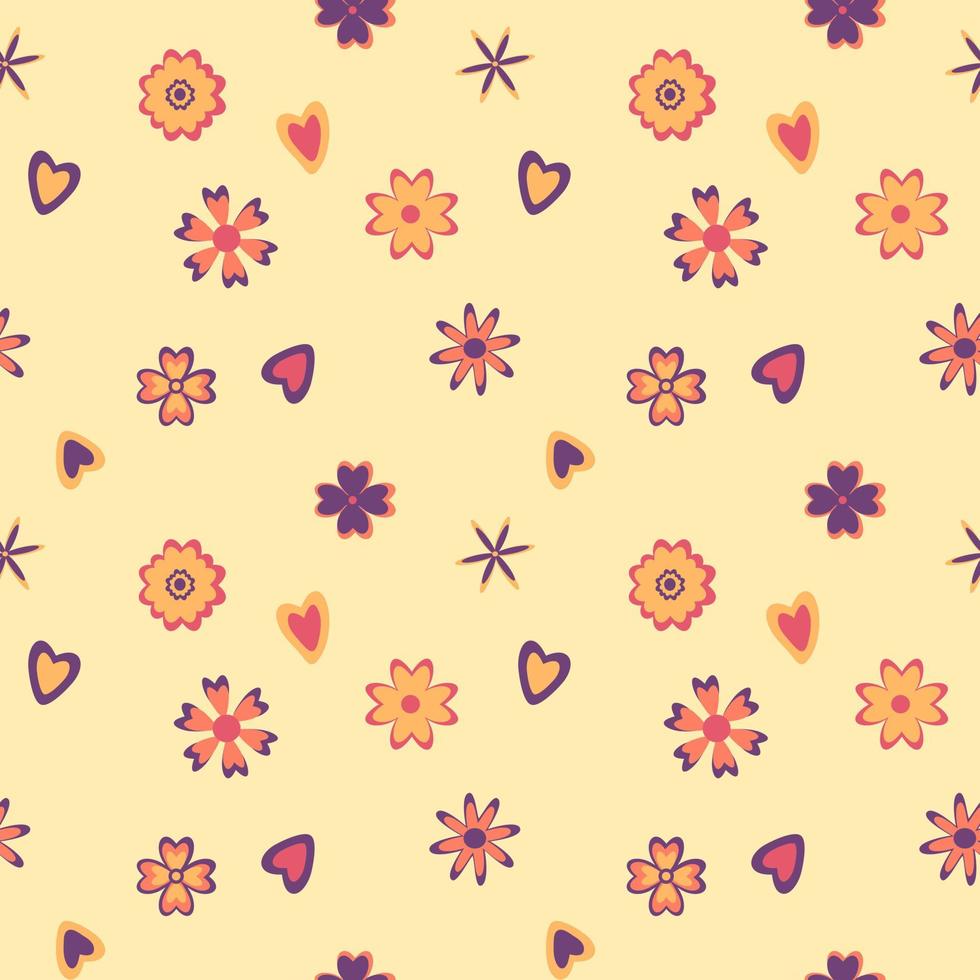 patrón impecable con flores abstractas, corazones en una cálida paleta naranja púrpura sobre fondo beige. vector