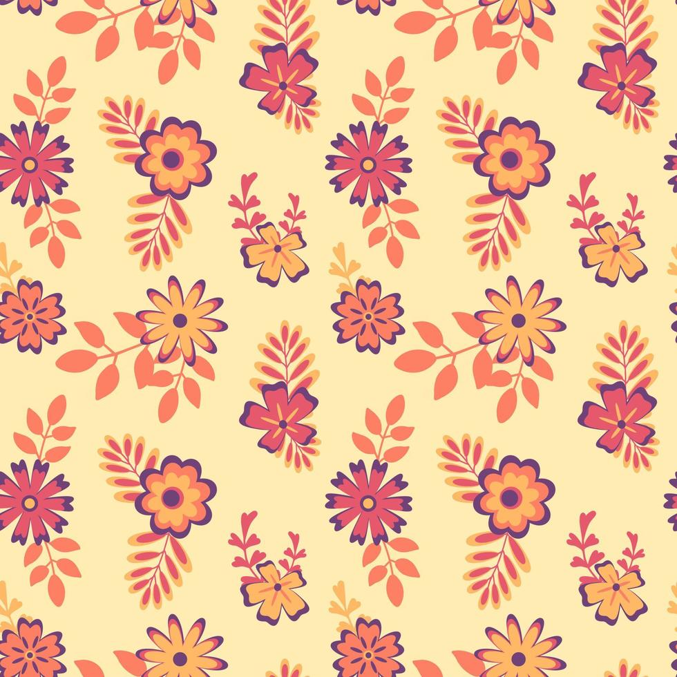 patrón impecable con flores abstractas, hojas, ramas en una cálida paleta naranja púrpura sobre fondo beige. vector