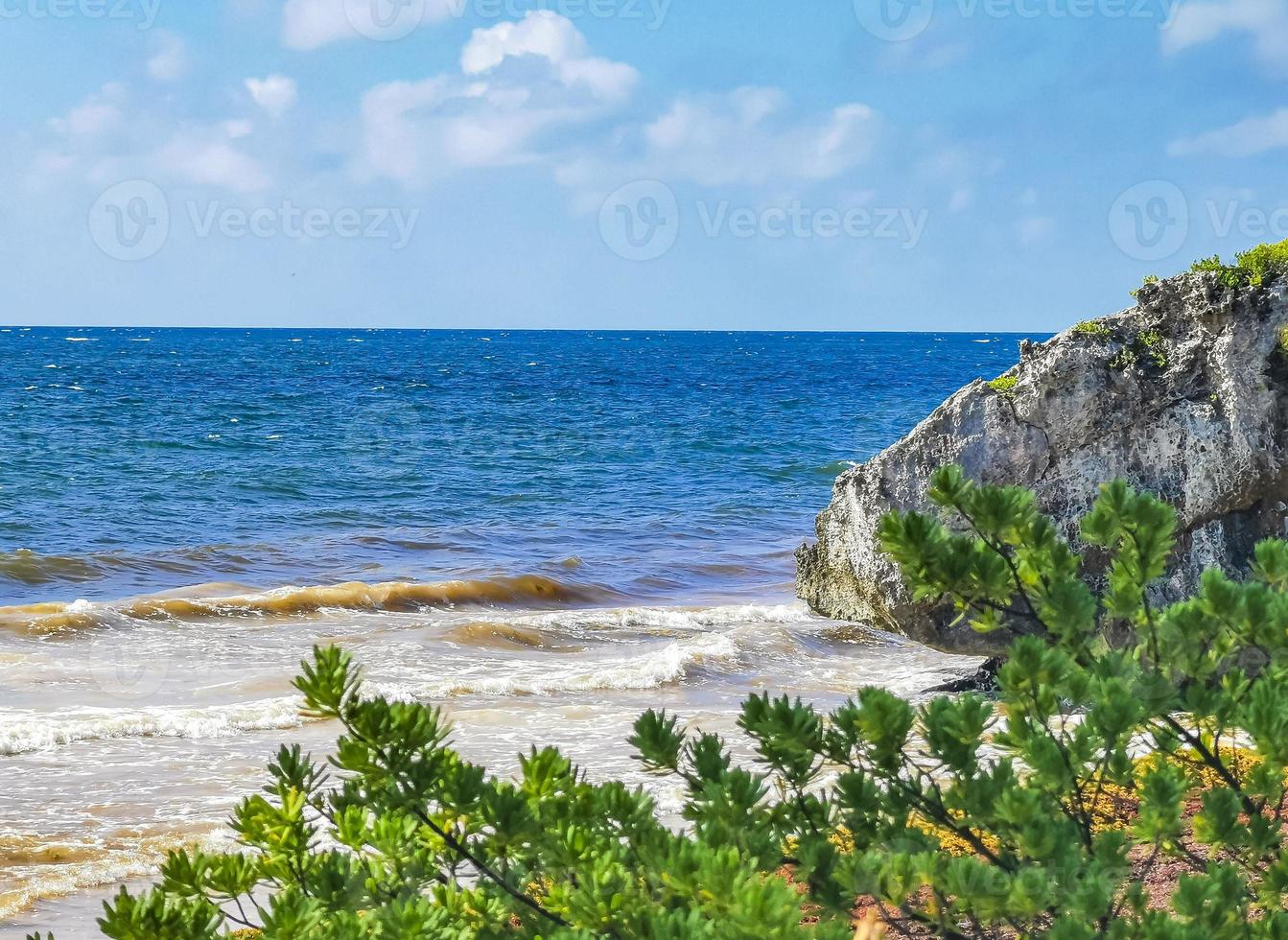 Natural seascape panorama view Tulum ruins Mayan site temple Mexico. photo