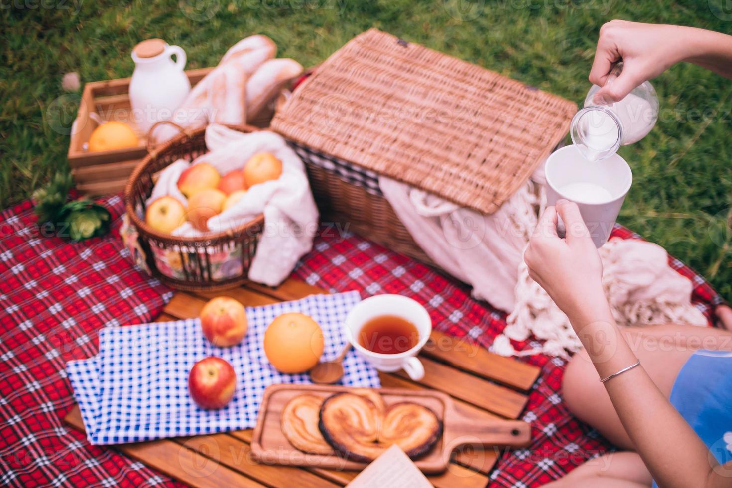 cerca de una mujer disfrutando de un picnic en un parque. foto