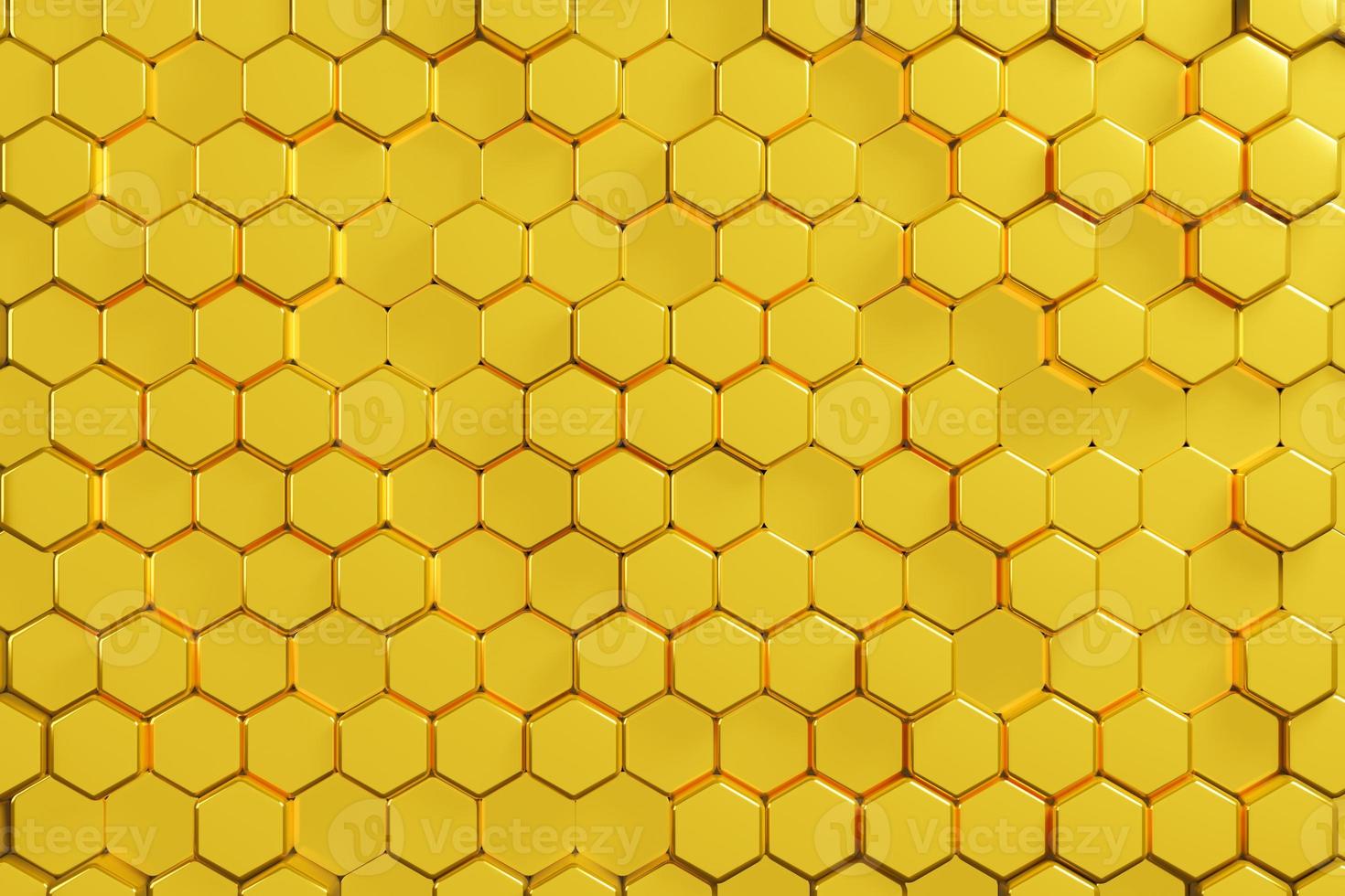 Honeycomb mosaic golden geometric pattern futuristic background. 3d illustration realistic abstrac gold wallpaper  hexagon mesh cells texture. photo