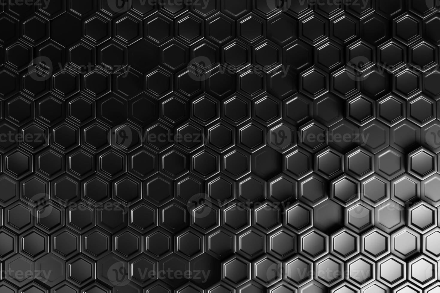 Honeycomb mosaic black geometric pattern futuristic background. 3d illustration realistic abstrac wallpaper  hexagon mesh cells texture. photo