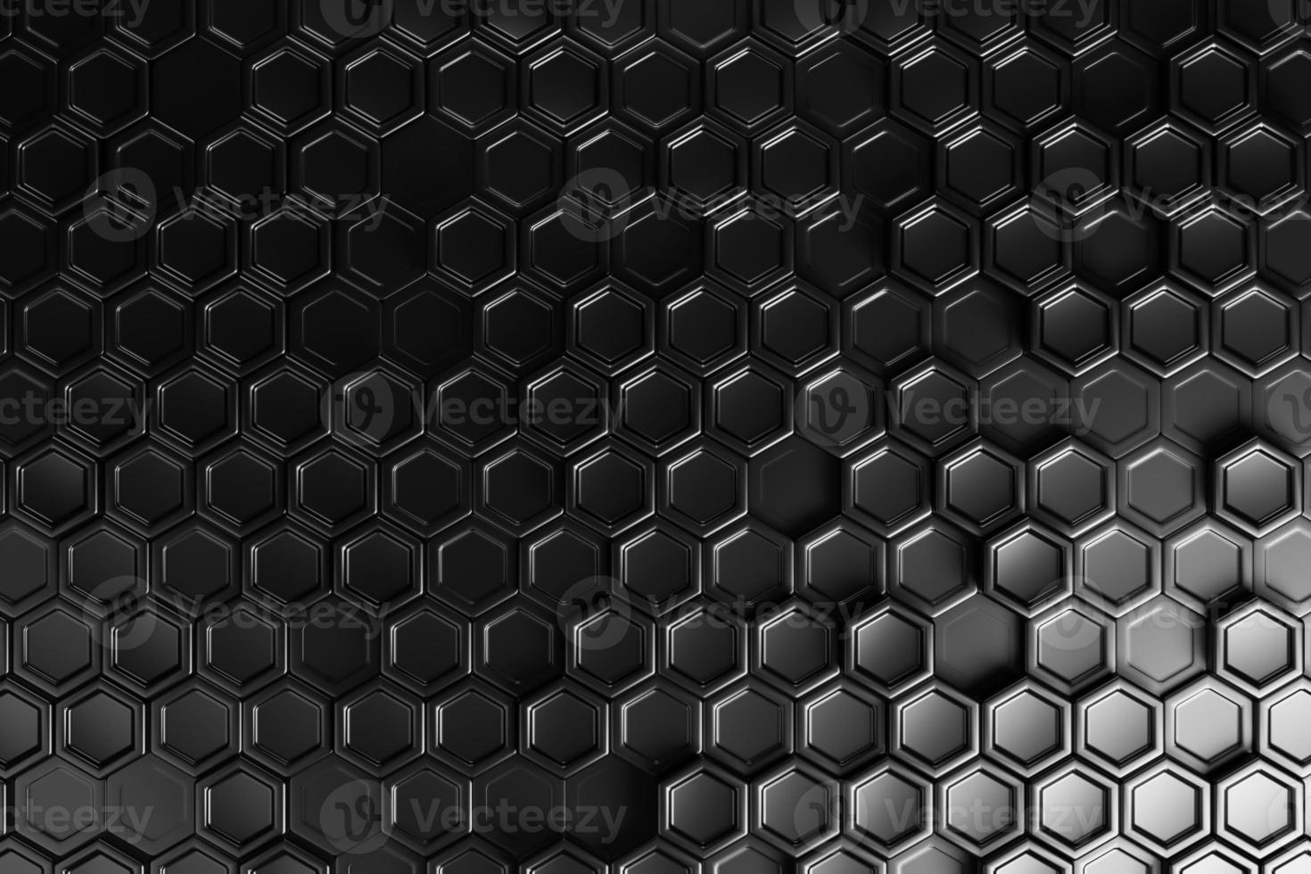 Fondo futurista de patrón geométrico negro de mosaico de panal. Textura de células de malla hexagonal de papel tapiz abstracto realista de ilustración 3d. foto