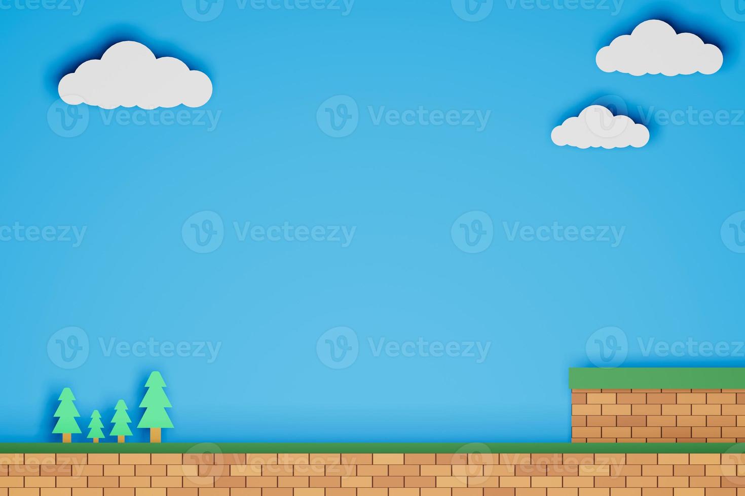 Clouds on blue sky with brick floor and tree paper cut style kid background 3d illustration photo