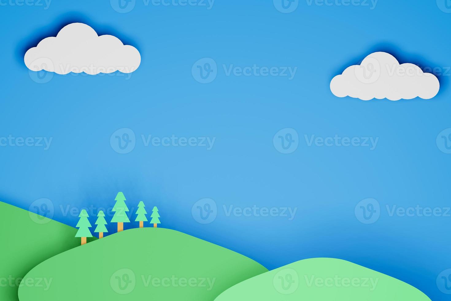 Cloud on blue sky with mountain and tree paper cut style kid background 3d illustration photo