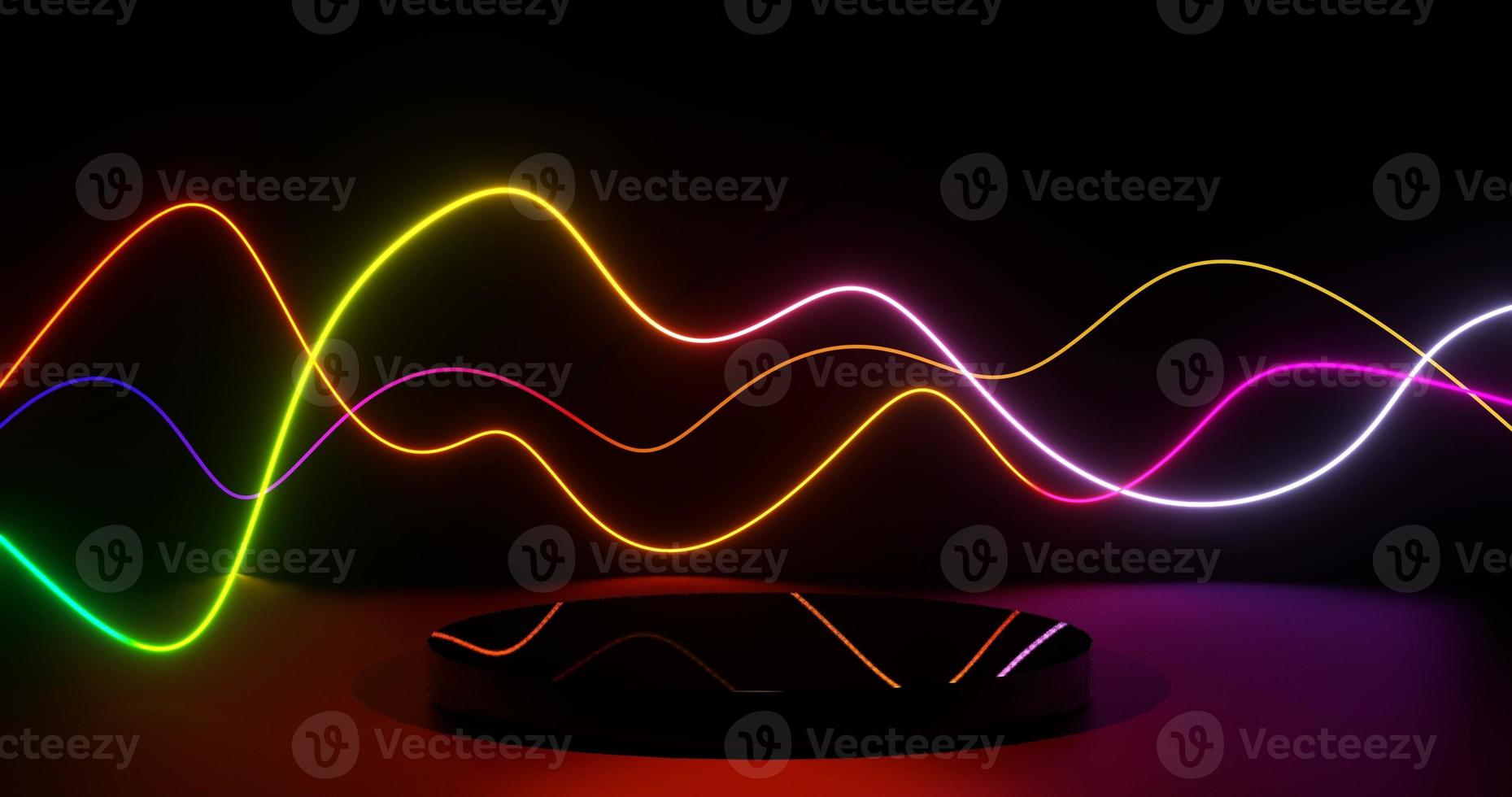 Electric power light energy line wave with podium, internet data online digital technology background, 3D futuristic neon vibrant light abstract cyber space. 3d animation loop 4K. photo