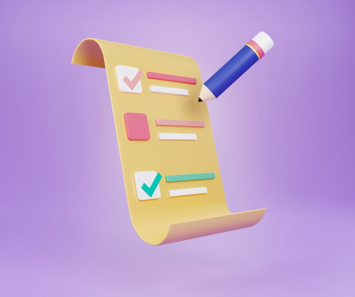 3D clipboard and pencil, notepad icon on purple background. 3d render illustration. photo