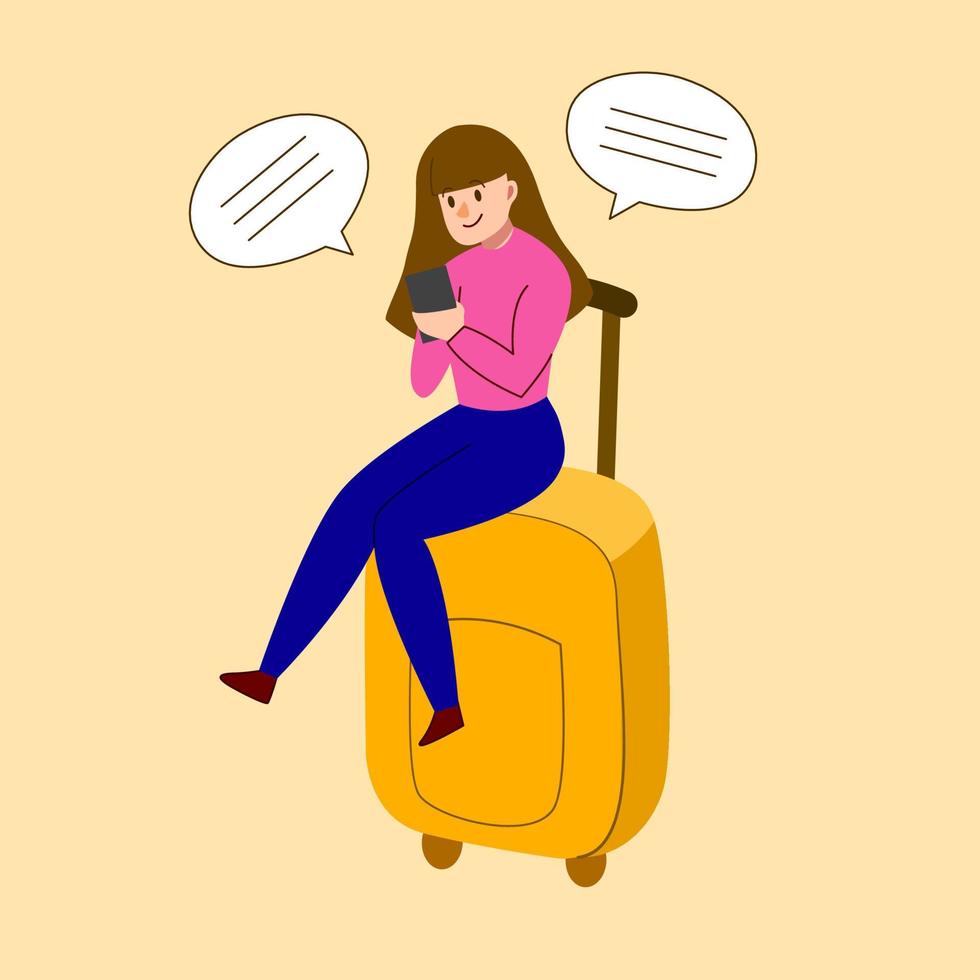 Woman is sitting on the luggage and chatting on the phone while waiting flight. Vector illustration. Isolated on yellow background.