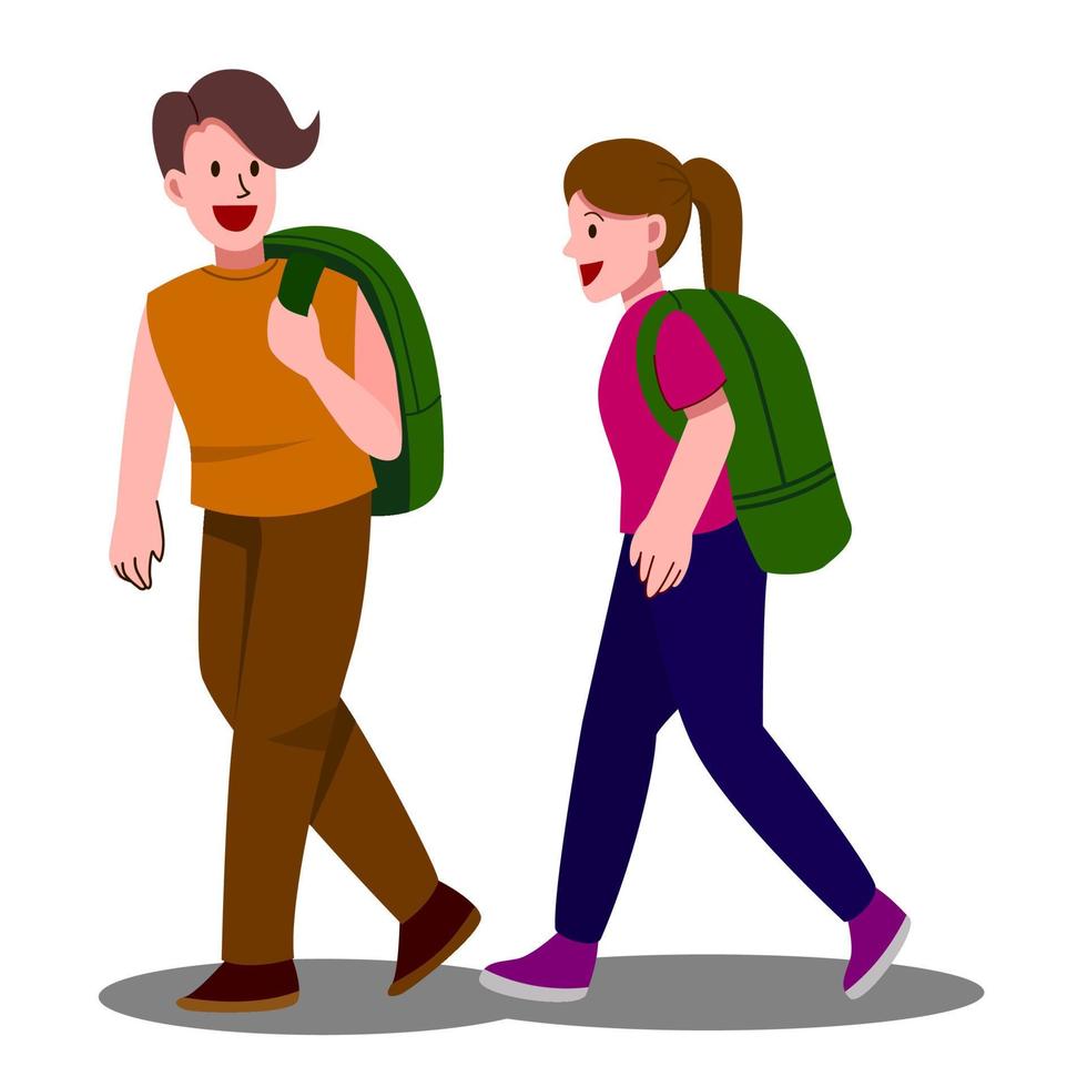 Man and woman are talking while walking to somewhere. Vector illustration.