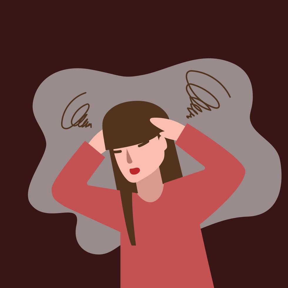 una mujer sostiene la cabeza por dolor de cabeza o enfermedad. ilustración vectorial vector