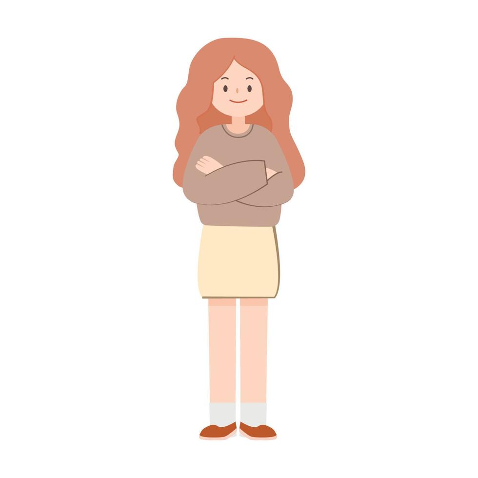 una chica usa suéter y falda, de pie con los brazos cruzados, aislada de fondo blanco. ilustración vectorial diseño de personaje. vector