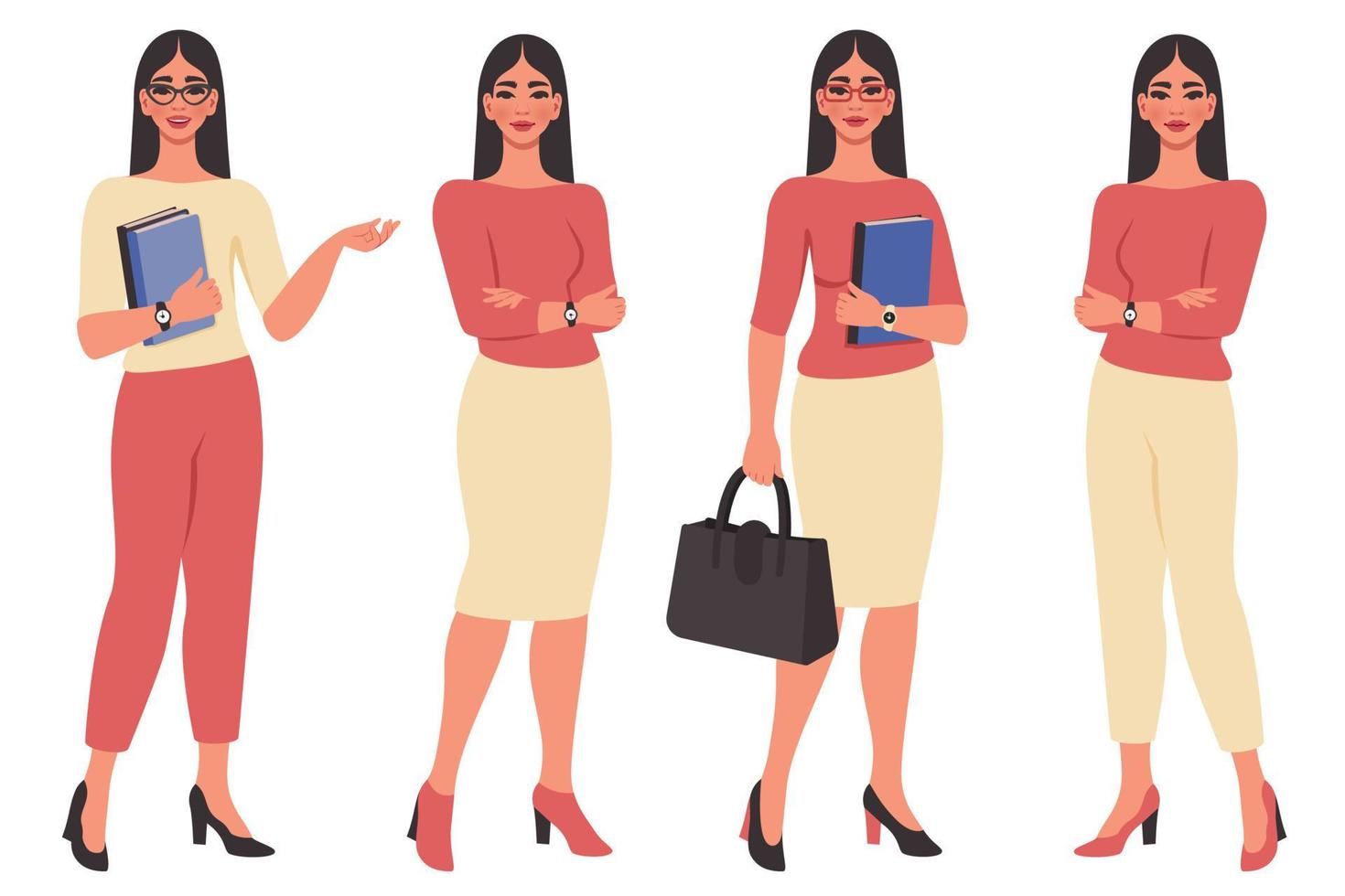 Collection of beautiful young women. Female flat character in different poses. Businesswoman, office worker, School or college teacher. Education, study, business concept. Vector cartoon illustration