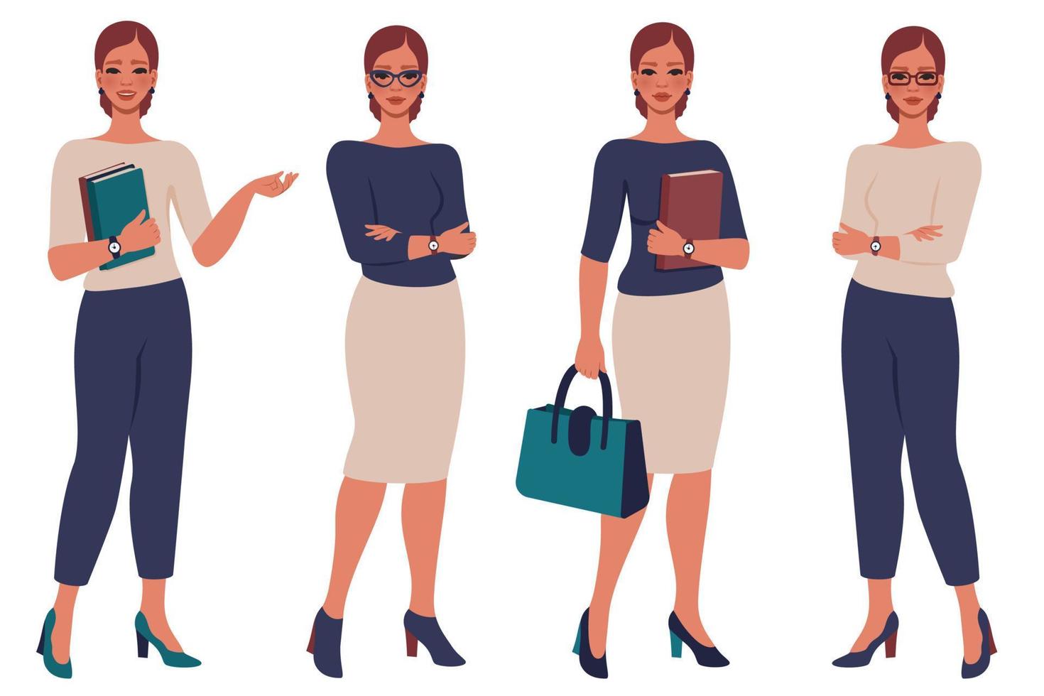 Collection of beautiful young women. Female flat character in different poses. Businesswoman, office worker, School or college teacher. Education, study, business concept. Vector cartoon illustration