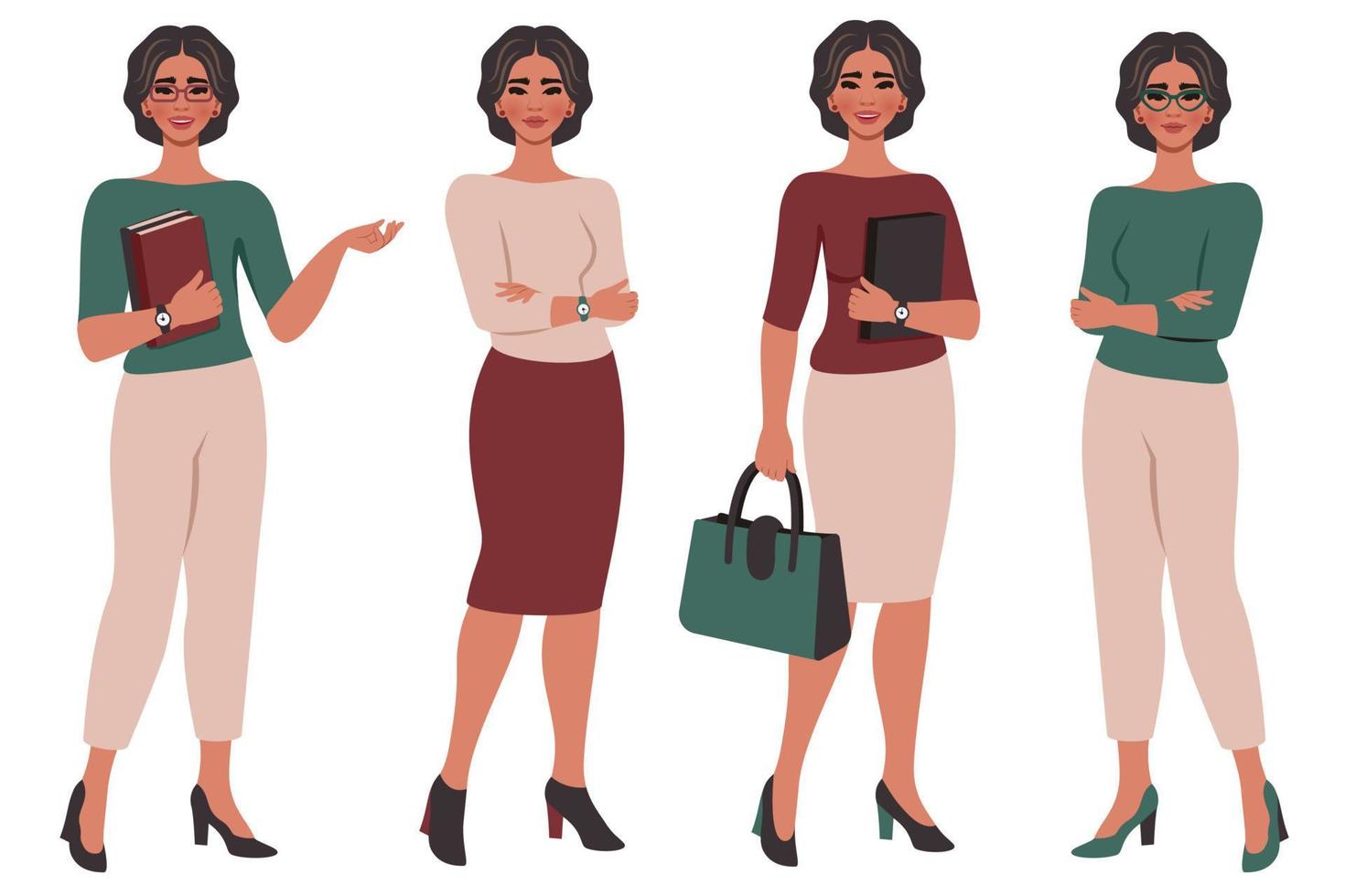 colección de hermosas mujeres jóvenes. personaje plano femenino en diferentes poses. empresaria, oficinista, profesora de escuela o universidad. educación, estudio, concepto de negocio. vector