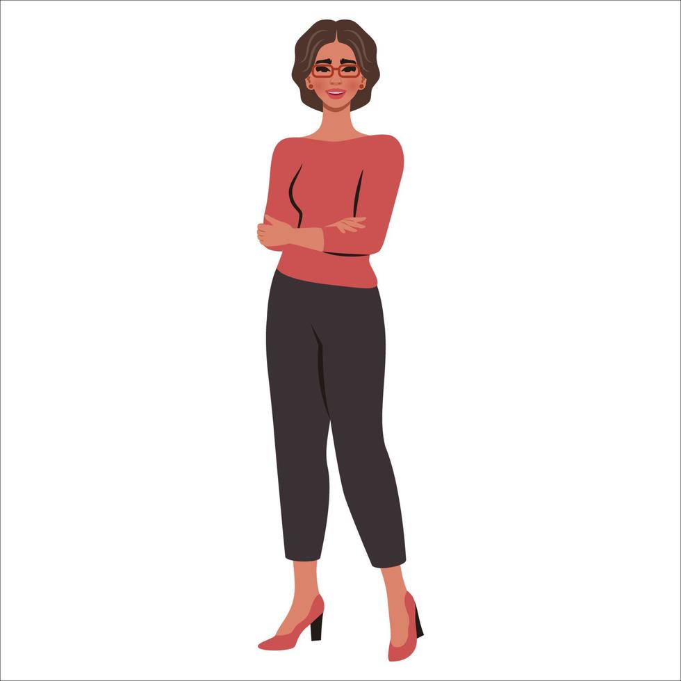 Confident Beautiful young woman. School or college teacher, office worker.   Female flat character. Education, study, business concept. Vector cartoon illustration