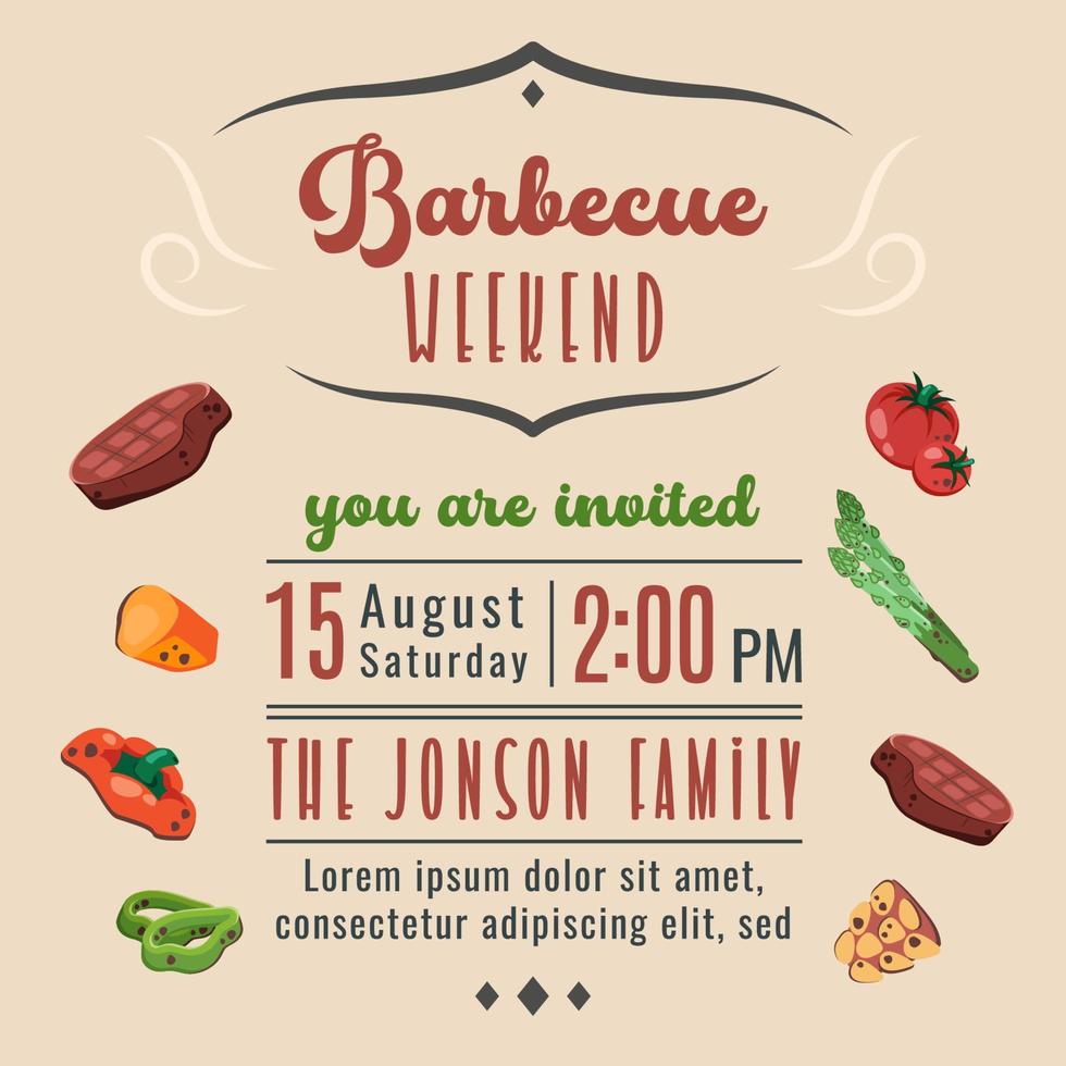 Barbecue party invitation. BBQ invite template. Summer barbecue picnic. Bbq background with grill, steaks, meat food, grilled vegetables. Vector cartoon illustration