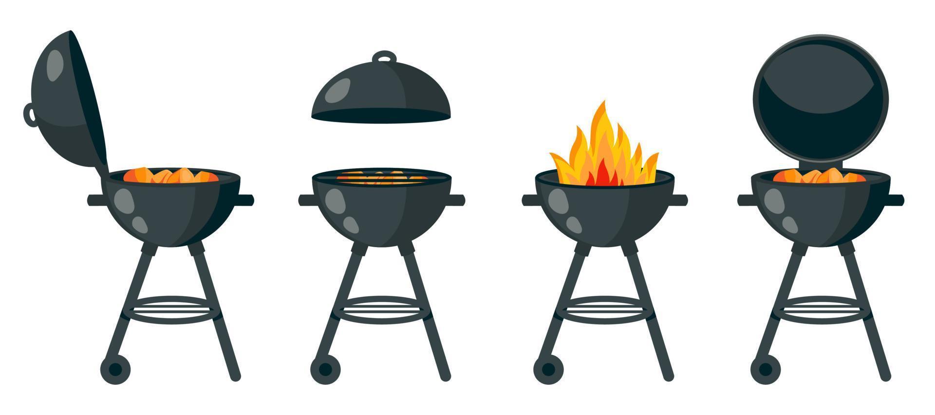 parrilla de barbacoa negra aislada. conjunto de diferentes braseros con brasas, tapa, fuego, carbón. ilustración de dibujos animados vectoriales para el diseño de tarjetas de barbacoa, afiche, plantilla de vacaciones, picnic de verano vector