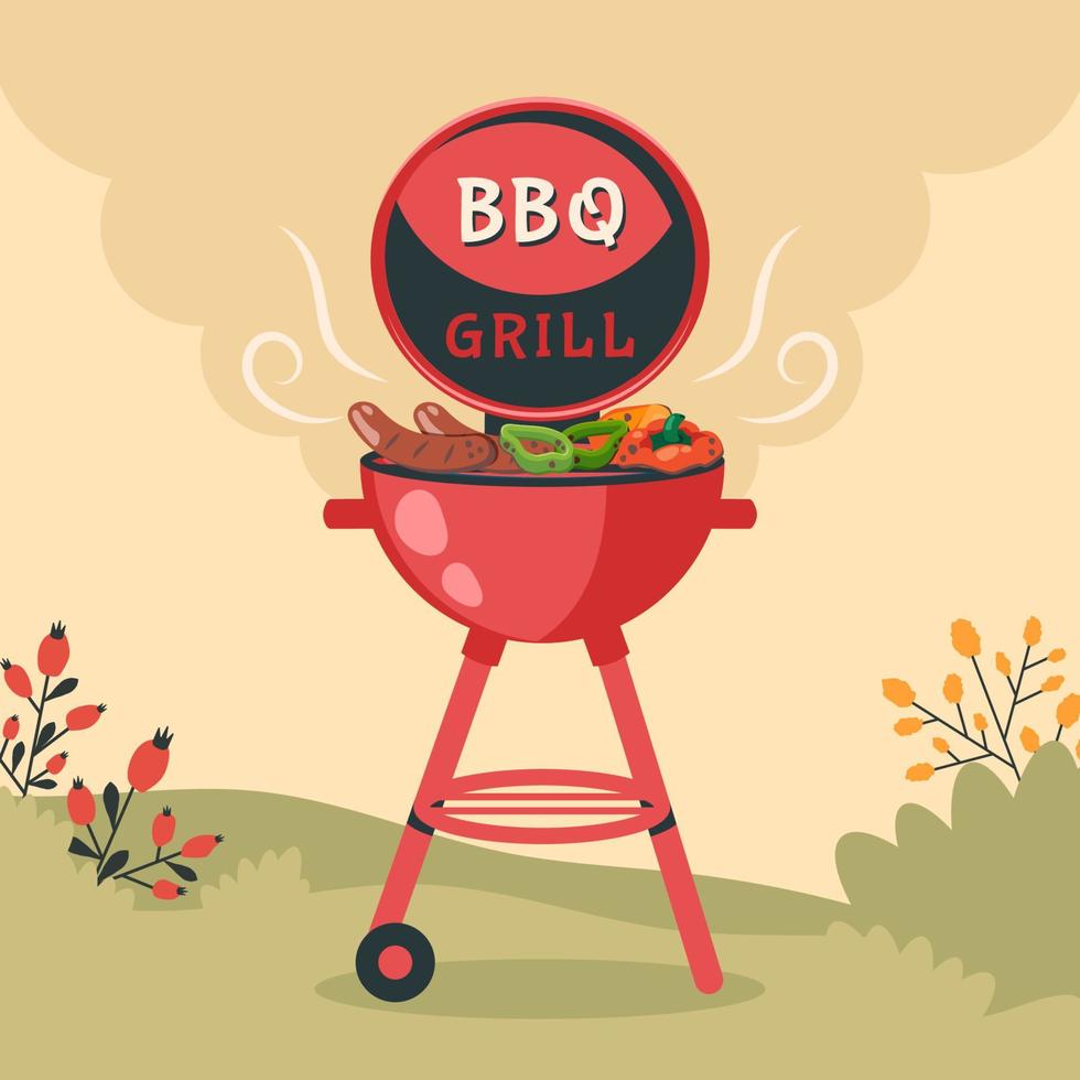 BBQ party. Barbecue background with brazier, grill, steaks, meat food
