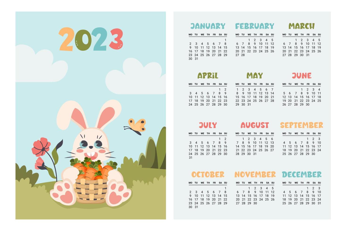 calendario 2023. planificador vertical con lindo conejito en diferentes estaciones. conejo de personaje de dibujos animados como símbolo de año nuevo. la semana comienza el lunes. ilustración plana vectorial vector
