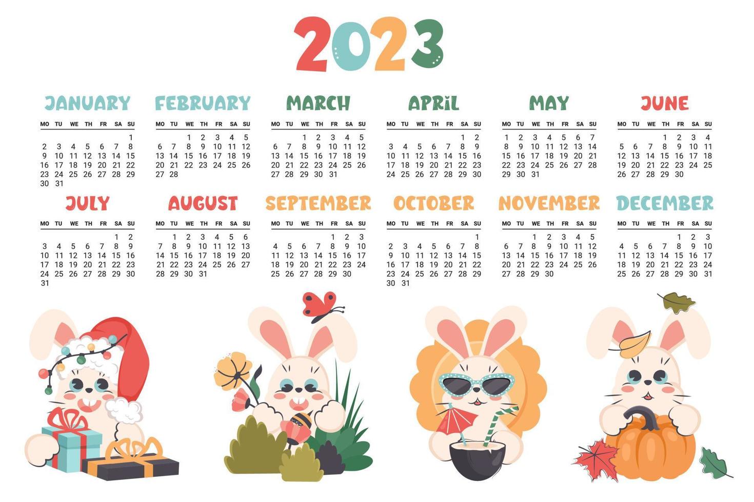 Calendar 2023. Horizontal planner with cute bunny in different seasons. Cartoon character rabbit as symbol of new year. Week starts on Monday. Vector flat illustration