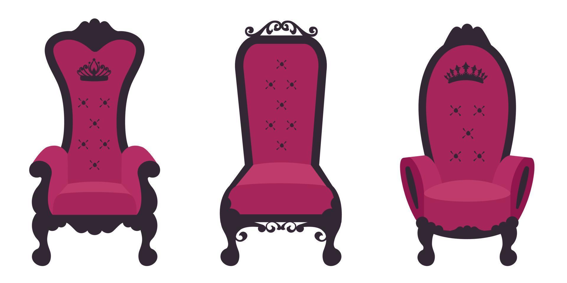 Juego de sillas de trono antiguas. colección de sillones king aislados. icono de trono para tarjeta de visita de decoración, plantilla de tarjeta vip. ilustración plana vectorial vector