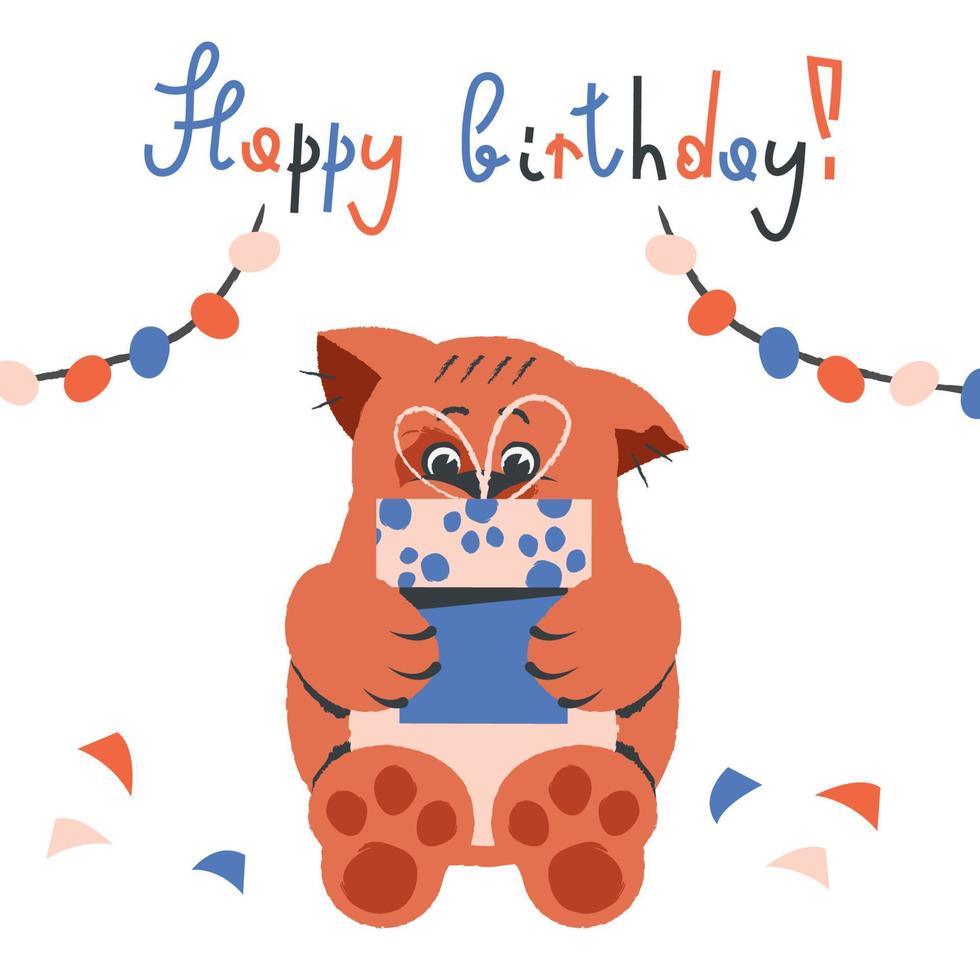 Happy birthday card. Ginger cute happy cat congratulate. Orange Funny kitten sitting with present box. Vector cartoon flat illustration for card, humorous poster, cover, kids design