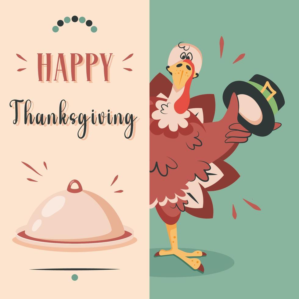 Thanksgiving card. Happy cute funny turkey with traditional elements for celebration thanksgiving day. Invitation template for banner, poster, greeting card. Vector cartoon illustration