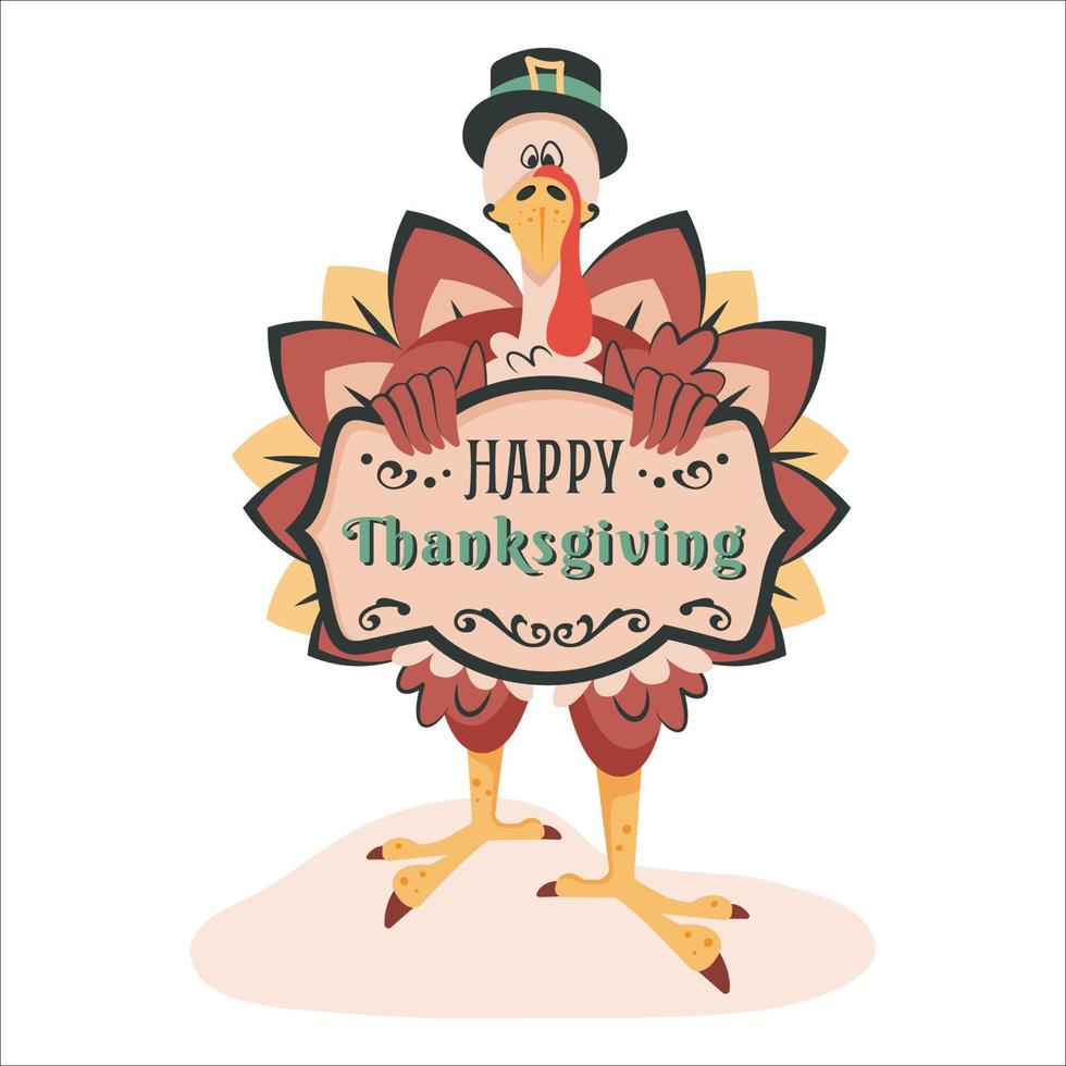 Thanksgiving turkey isolated. Cute happy turkey congratulates with thanksgiving day.  Funny cartoon character holding vintage frame with greeting traditional text.  Vector illustration