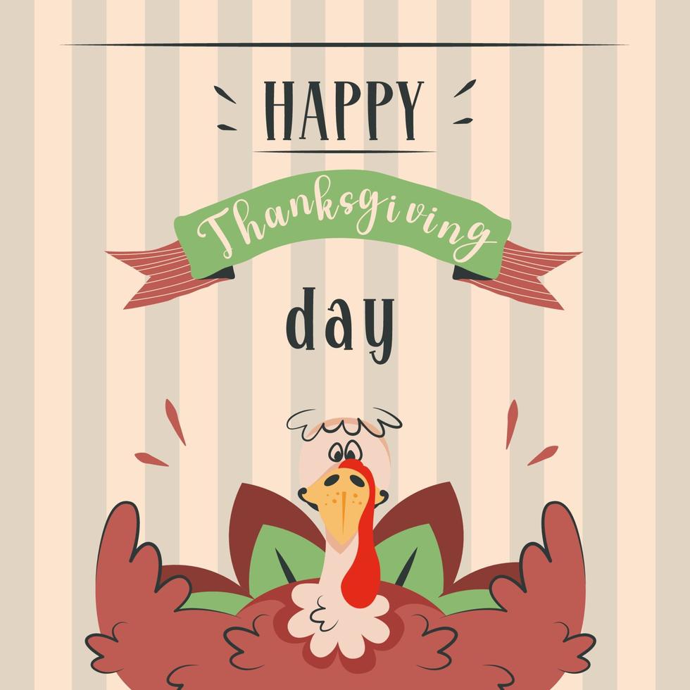 Thanksgiving turkey. Happy cute funny character invites for thanksgiving dinner.  Holiday traditional background. Vector cartoon illustration for banner, poster, greeting card