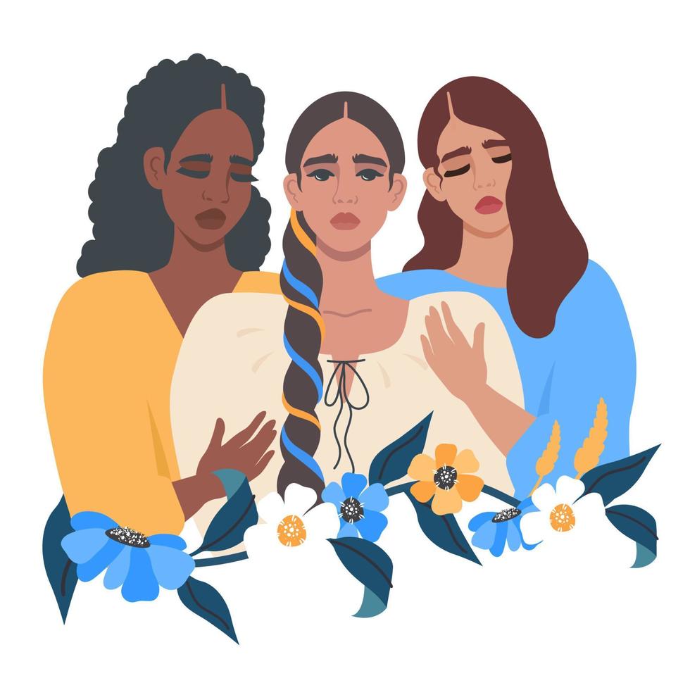 Oren por Ucrania. hermosas chicas tristes de diferentes nacionalidades abrazan a la mujer ucraniana. solidaridad, apoyo, creer, ayudar a los ucranianos. colores de la bandera ucraniana. no a la guerra. vector