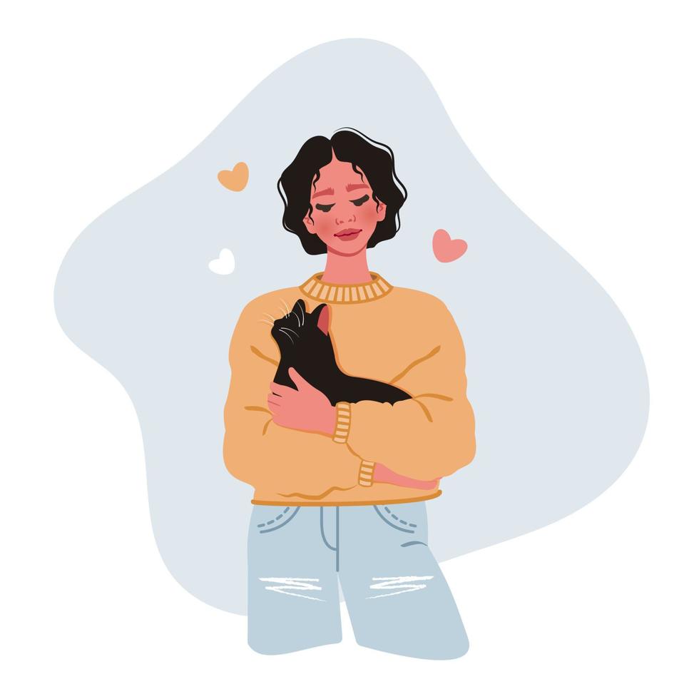 Beautiful young happy woman with black cat. Teenager girl holding a kitty in her arms. Caring for animals concept. Female character isolated. Vector cartoon flat Illustration for avatar, poster,  card