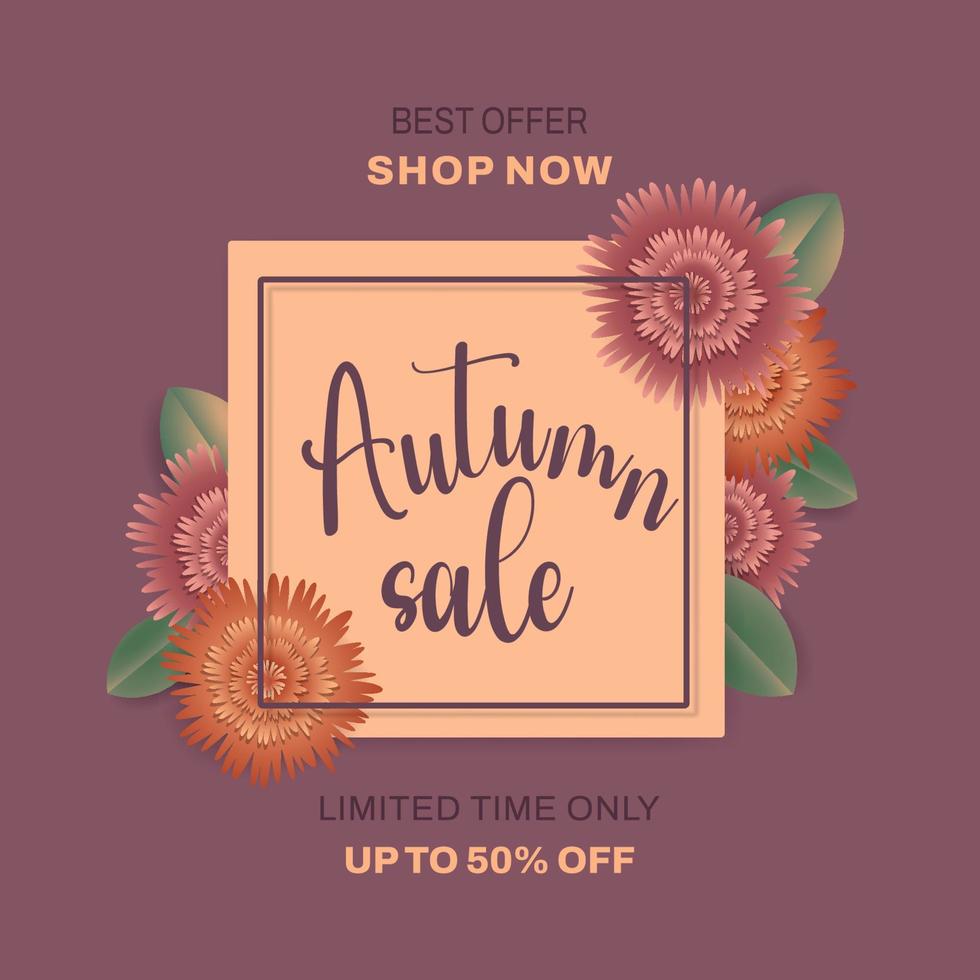 Autumn sale background with beautiful floral. Frame, flower, foliage for banner, flyer, promotion poster, invitation, advertising template. Special offer concept. Vector illustration