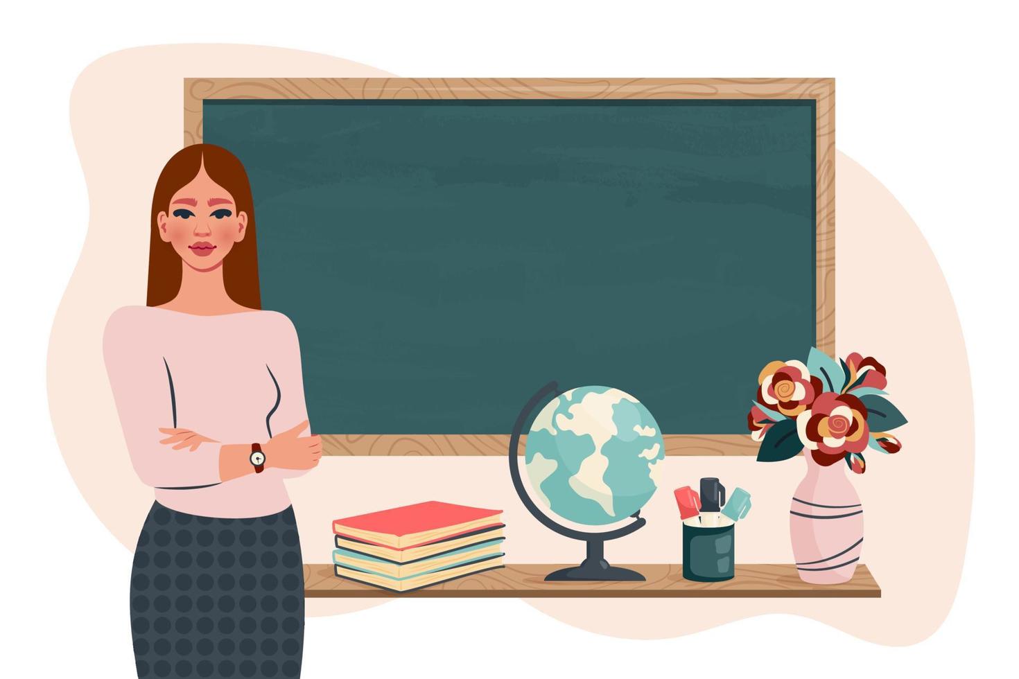 Female school teacher in classroom. Smiling young woman standing beside blackboard,  teaching lesson. Education, knowledge concept. School banner. Vector cartoon illustration