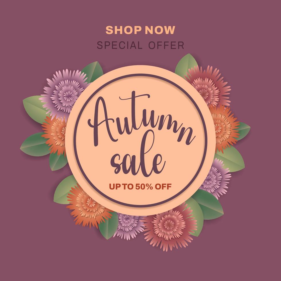 Autumn sale background with beautiful floral. Frame, flower, foliage for banner, flyer, promotion poster, invitation, advertising template. Special offer concept. Vector illustration