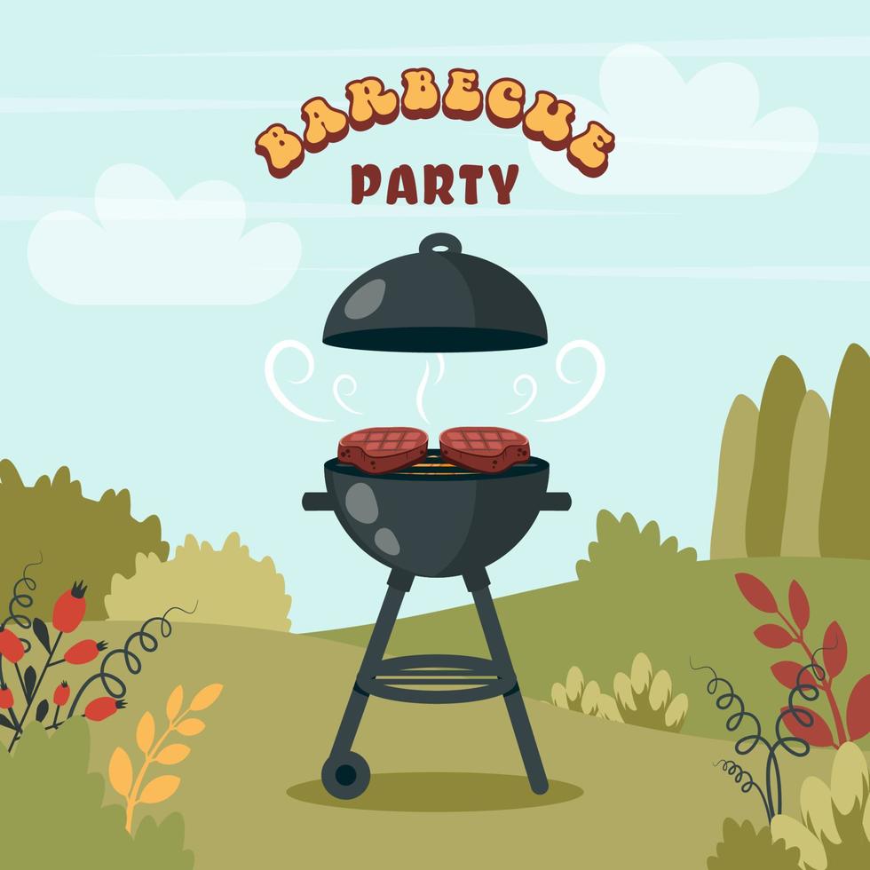 BBQ party. Barbecue background with brazier, grill, steaks, meat food, grilled vegetables at home. Vector cartoon illustration for banner, holiday card, summer picnic, flyer, advertisement, poster