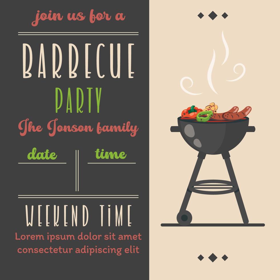 invitación a la fiesta de barbacoa. plantilla de invitación a la barbacoa en estilo retro. picnic de barbacoa de verano. fondo de barbacoa vintage con parrilla, bistecs, carne, verduras, cubiertos, texto. ilustración de dibujos animados de vectores