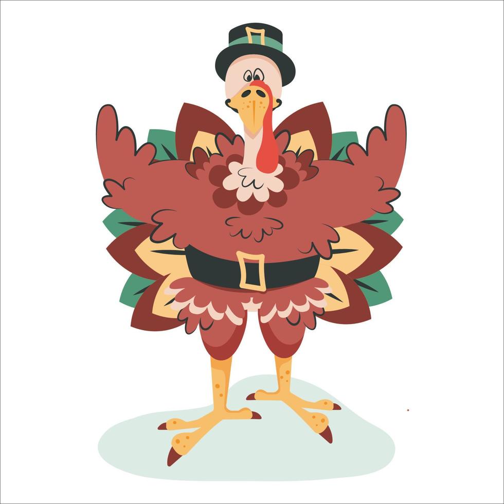 Thanksgiving turkey isolated on white background. Cute happy turkey congratulates with thanksgiving day.  Funny cartoon character in black hat as a national traditional element. Vector illustration