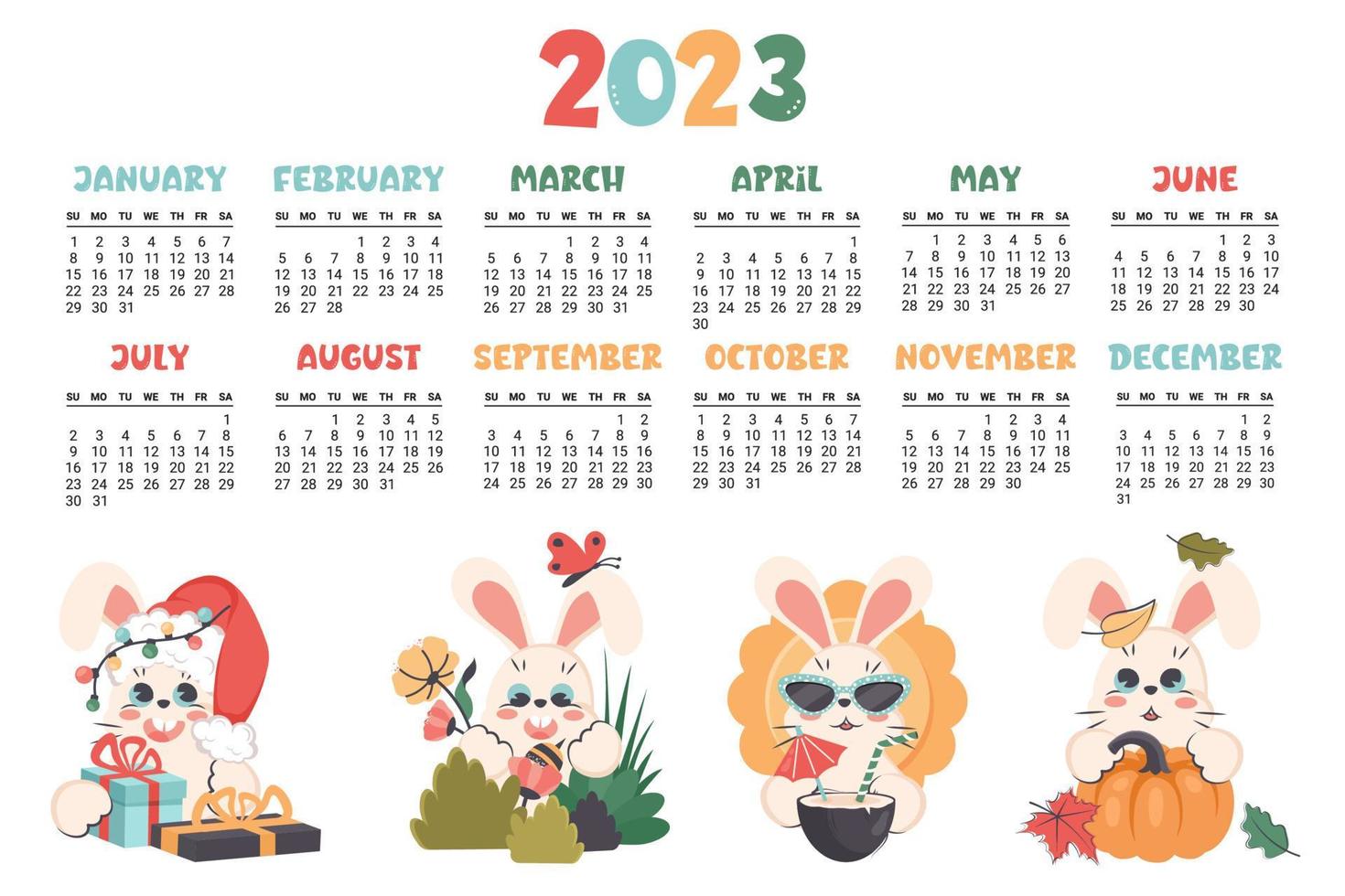 calendario 2023. planificador horizontal con lindo conejito en diferentes estaciones. conejo de personaje de dibujos animados como símbolo de año nuevo. semana comienza el domingo. vector