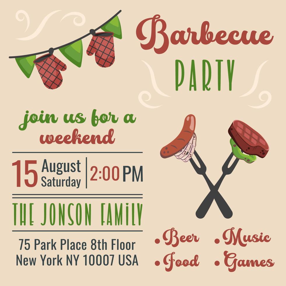 Barbecue party invitation. BBQ invite template. Summer barbecue picnic. Bbq background with grill, steaks, meat food, grilled vegetables. Vector cartoon illustration