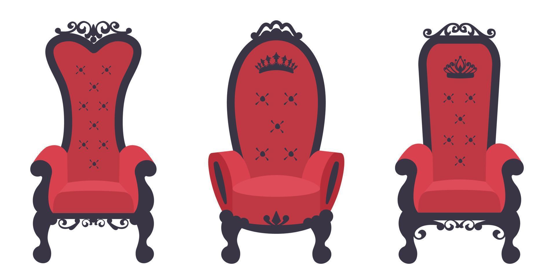 Juego de sillas de trono antiguas. colección de sillones king aislados. icono de trono para tarjeta de visita de decoración, plantilla de tarjeta vip. ilustración plana vectorial vector