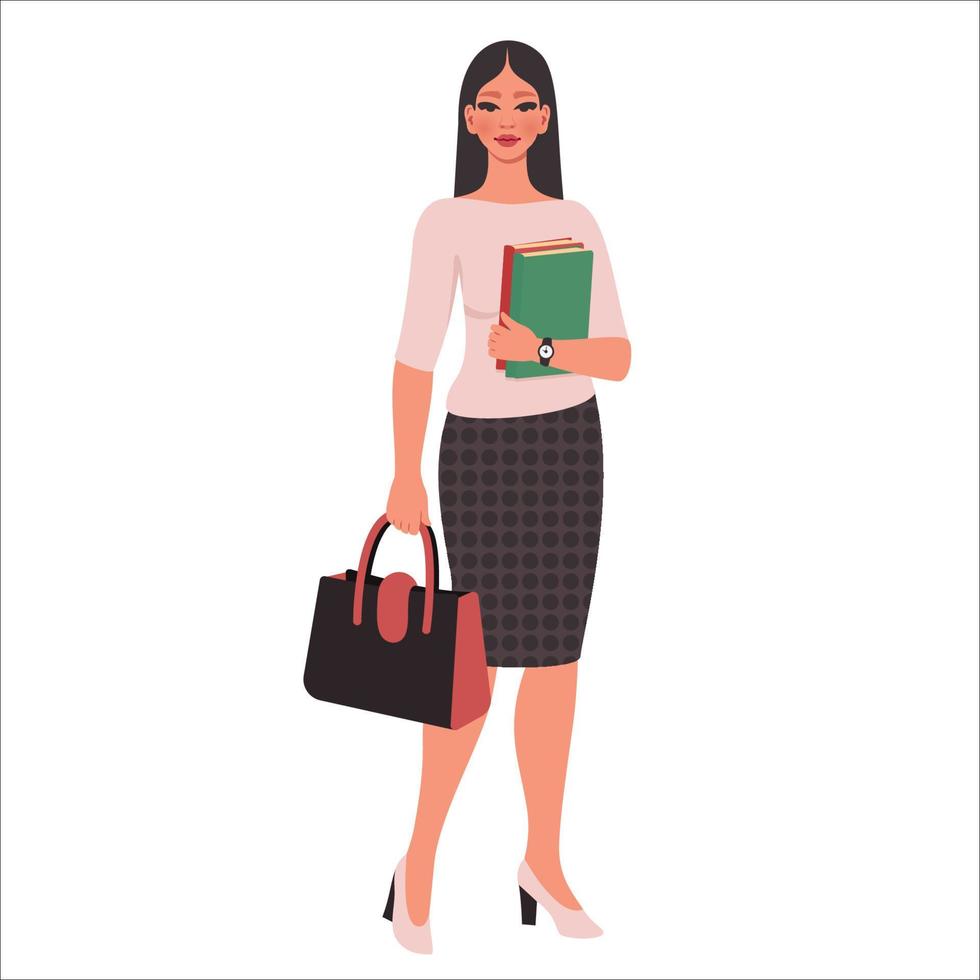 Confident Beautiful young woman. School or college teacher, office worker.   Female flat character. Education, study, business concept. Vector cartoon illustration