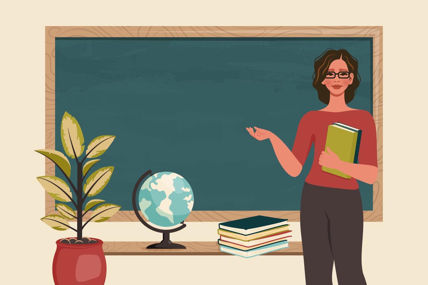 Female school teacher in classroom. Smiling young woman standing beside blackboard,  teaching lesson. Education, knowledge concept. School banner. Vector cartoon illustration