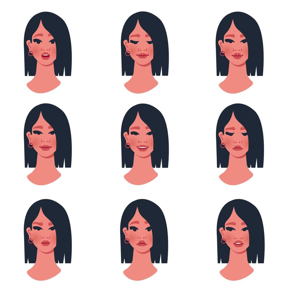 Beautiful girl with different emotions. Female portrait with happy, sad, angry, surprised face. Set of female characters with different moods.  Avatar template. Vector cartoon illustration