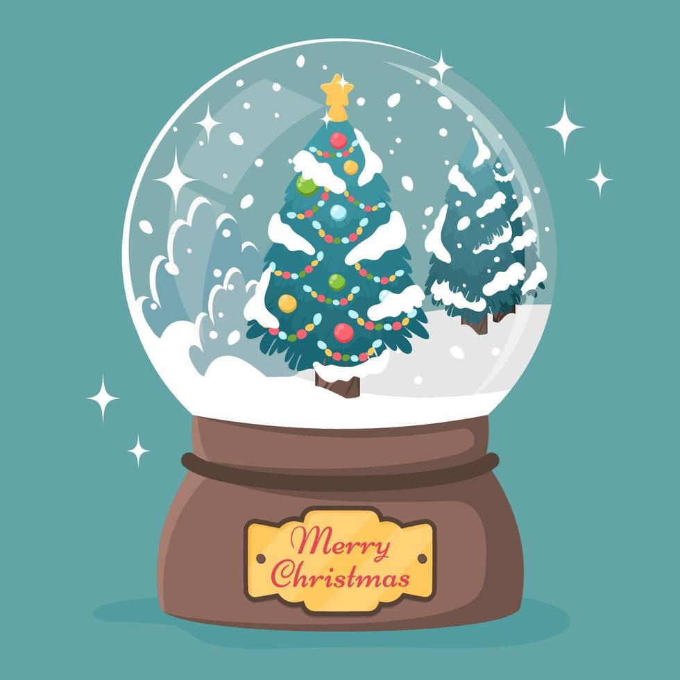 Christmas globe isolated on blue background. Snow glass ball with Christmas tree, toys, snowflakes inside. Cute winter cozy design for greeting card, Xmas holidays. Vector cartoon flat illustration