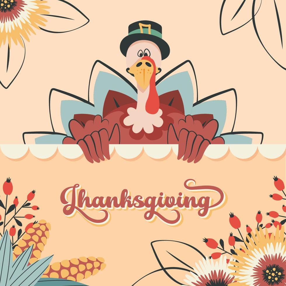 Fall season backdrop with berries, corn, foliage. Thanksgiving table, food. Autumn  Thanksgiving card with Happy cute funny turkey. Vector cartoon illustration for banner, poster, invitation