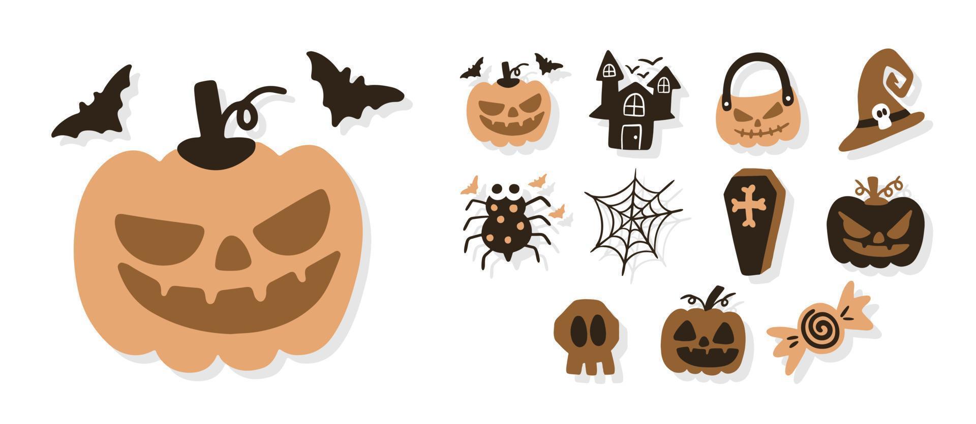 conjunto de colección de vectores de elementos de Halloween. hueso, fantasma, calabaza, murciélago, telaraña, gráfico vectorial de brujo