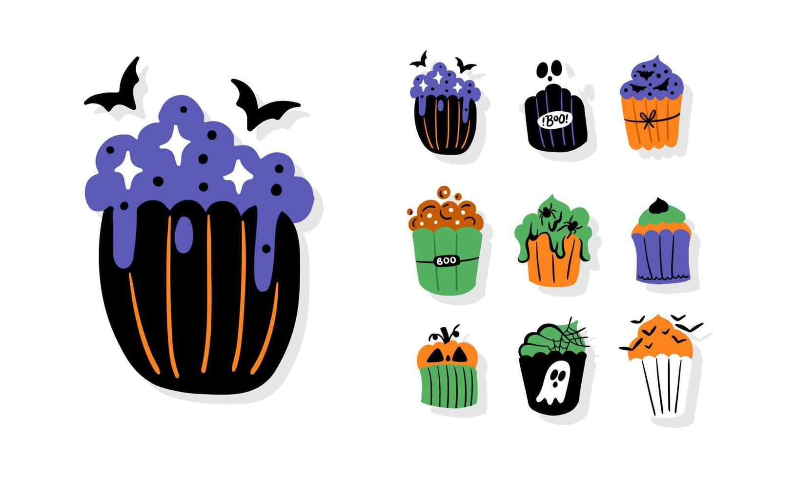 conjunto de colección de vectores de elementos de Halloween. hueso, fantasma, calabaza, murciélago, telaraña, gráfico vectorial de brujo