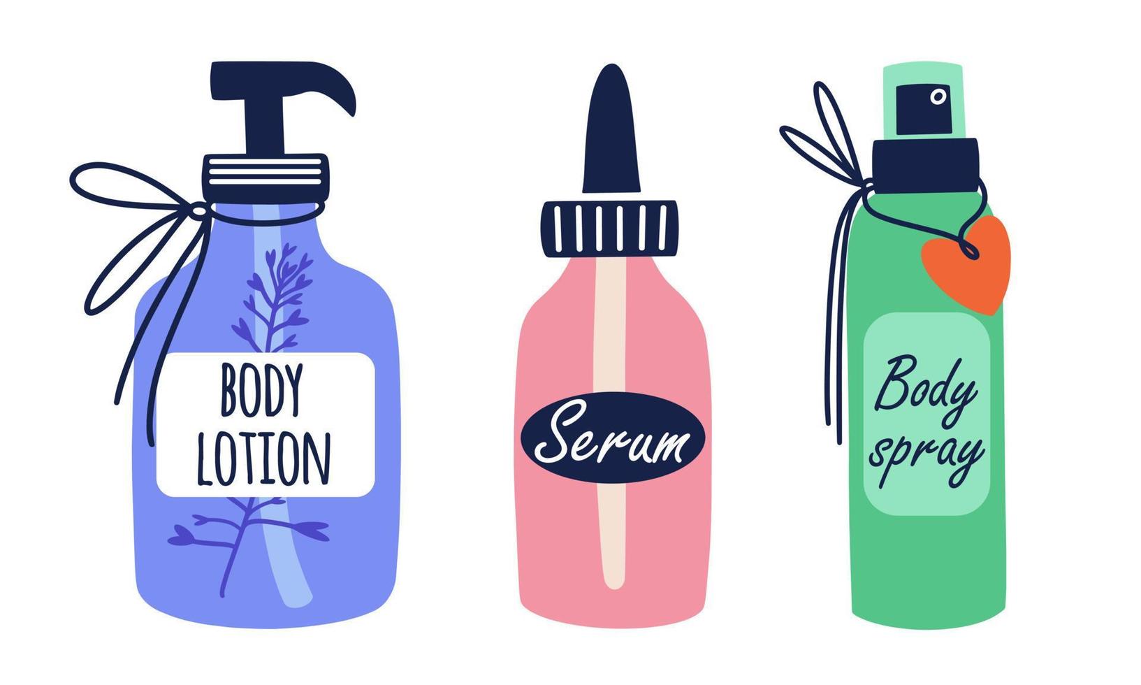 Body lotion, spray, serum vector icons set. Glass bottles with cosmetic product for skin care, moisturizing. Organic oil against wrinkles, acne. Flat clipart for beauty, spa, logo. Isolated on white