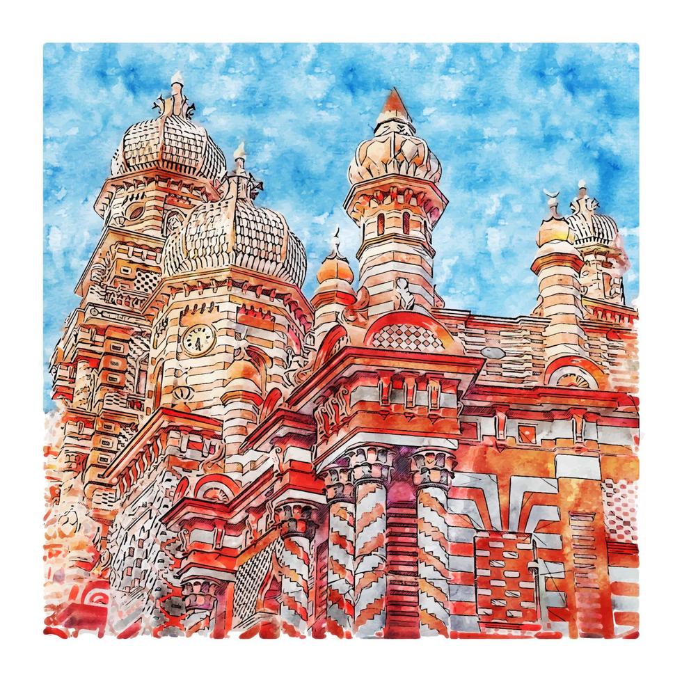 Jami Ul-Alfar Mosque Sri Lanka Watercolor sketch hand drawn illustration vector